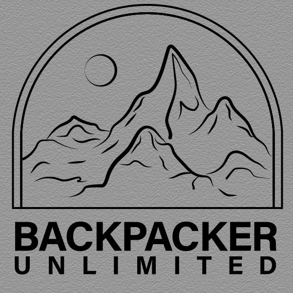 A line art style patch logo with mountains, a spherical object, and text reading Backpacker Unlimited 