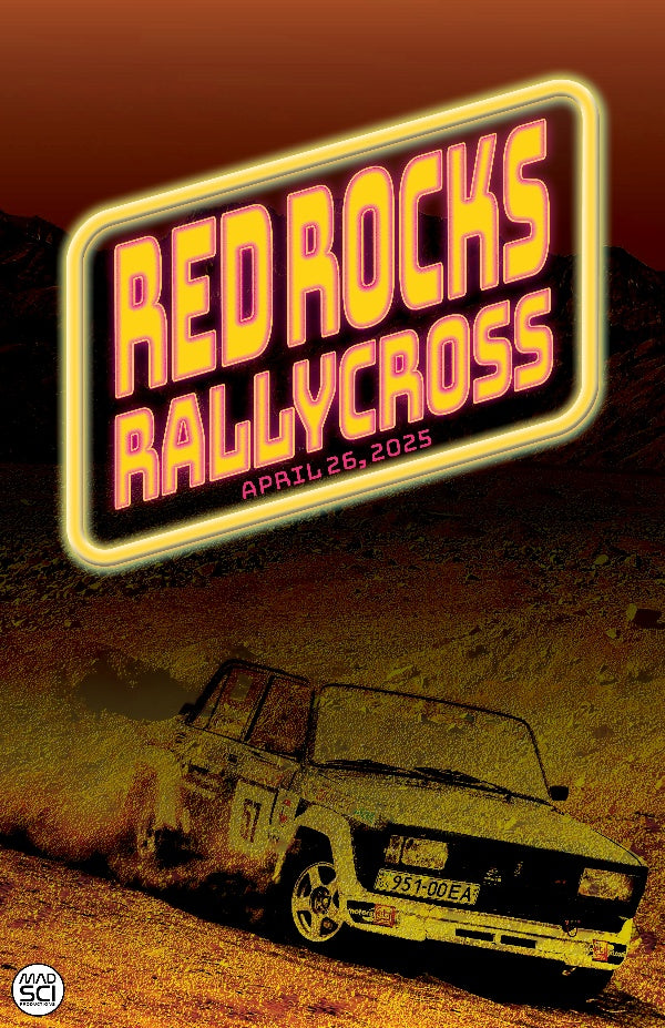 Red Rocks Rally Cross fictional event poster that is majority yellow with a car blended with a background to appear racing around a bend.