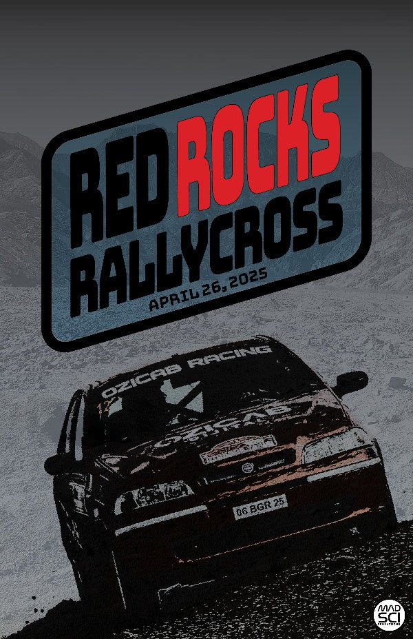 A fictional event poster that depicts a rally cross event at a fictional venue of red rocks. The 'rocks' is in red to represent the venue area.