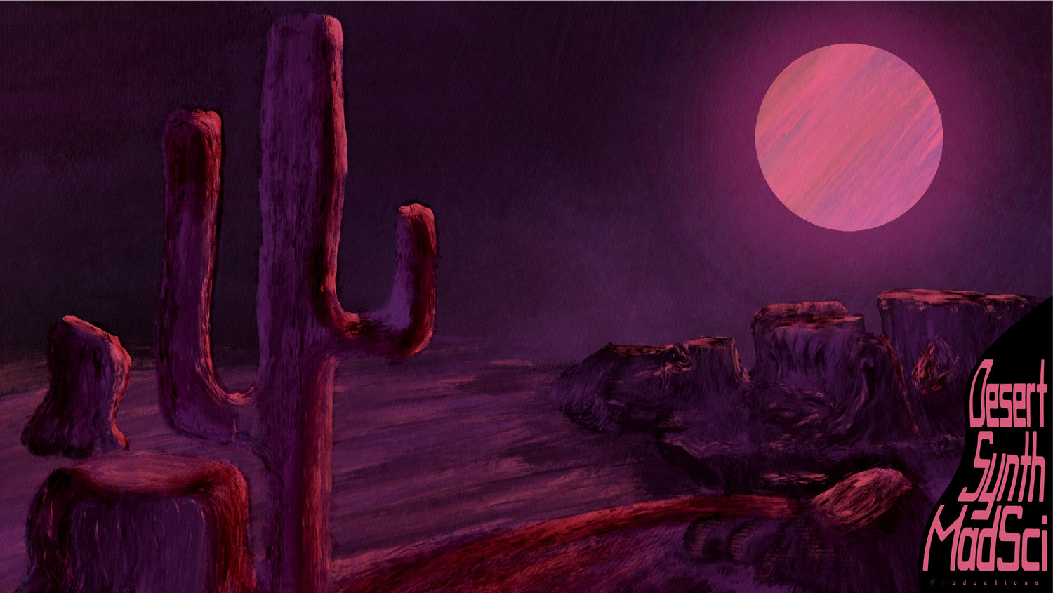 An illustration of the desert with cactus in foreground and arid rock formations in the background